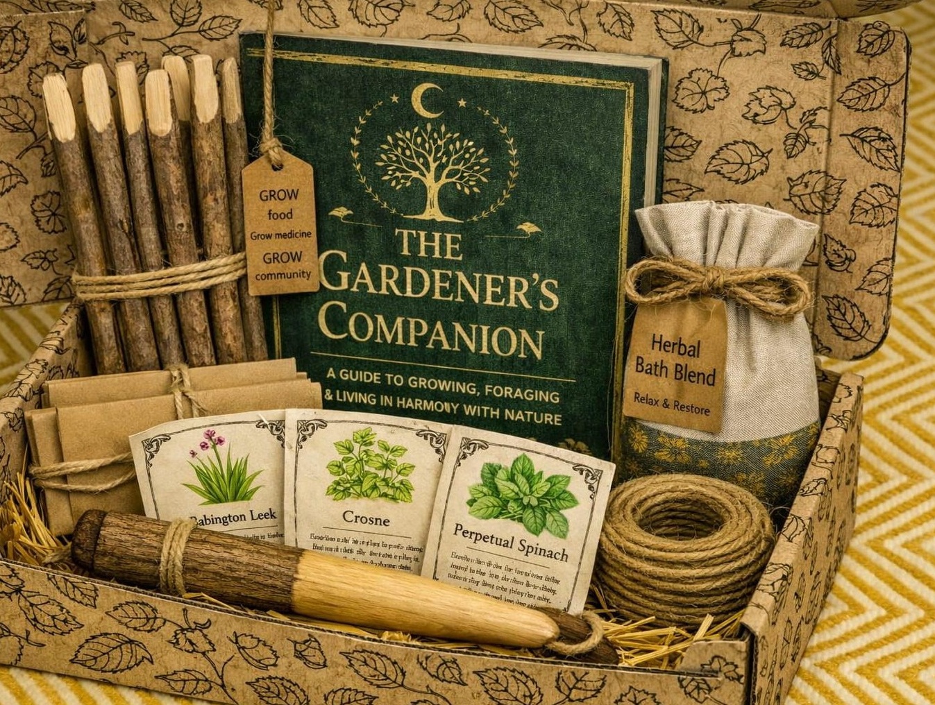 The Quiet Earth Gardener's Gift Set: The Gardener's Companion Book, 4 Seeds with care cards, Natural Hazel Plant Label sticks and pen, Dried Herb Bath Blend and muslin bag, Dipper, Jute string, Coir weed mats and Seed saving envelopes
